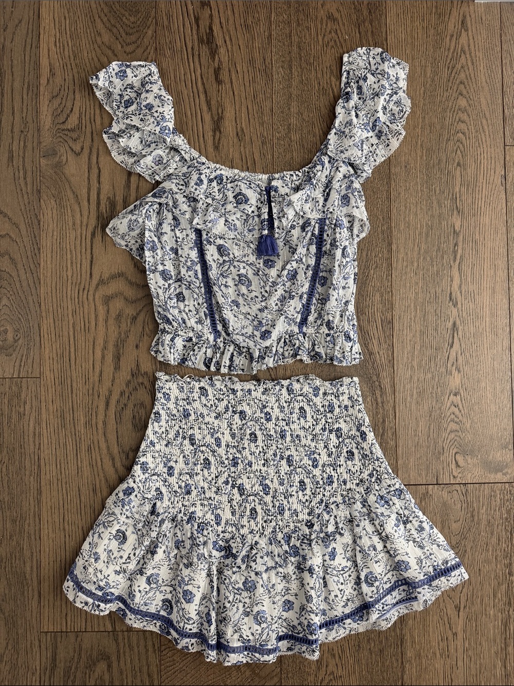 SAYLOR White and Blue Floral Ruffle Crop Top & Skirt Set